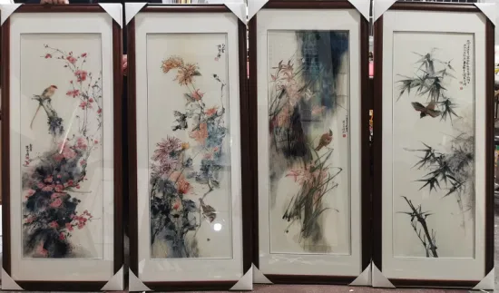 Feine handgefertigte Stickerei mit vier Schirmen, Pflaumenblüte, Orchidee, Bambus, Chrysantheme und reine handgefertigte Stickerei für die Dekoration des Arbeitszimmers
